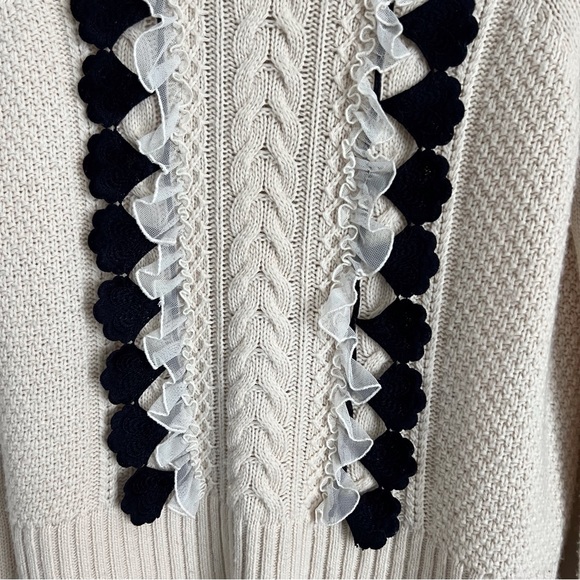 J Crew Cable Knit Embellished Sweater Cream Ruffle Front Turtleneck H2555 XXS - Picture 4 of 7